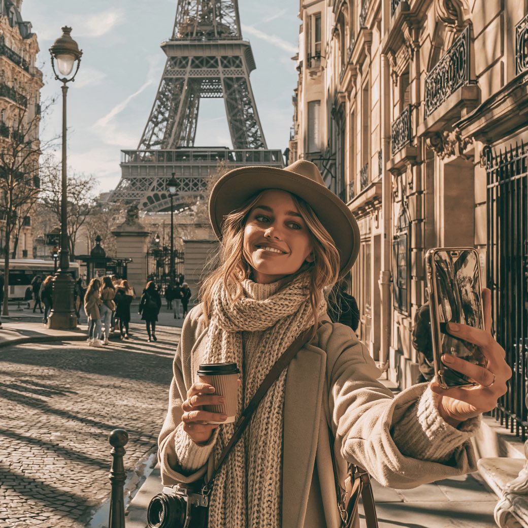 A creator holding her phone up to record a segment in front of the Eiffel Tower.